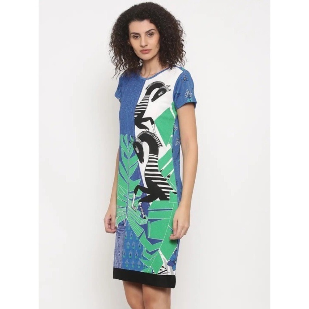 Global Desi Dress‎ Small Blue Green Zebra Print Short Sleeve  Artsy Casual Chic